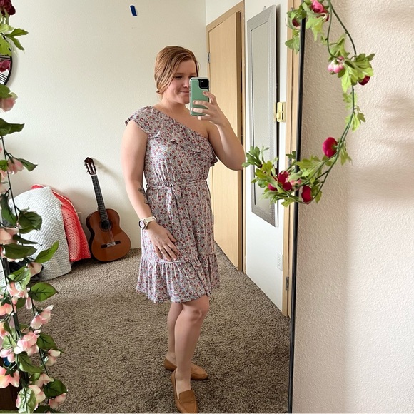 NWT Heatherly Women's One Shoulder Dress Blue Floral Tie Waist Ruffle, Sz Large - Picture 3 of 8